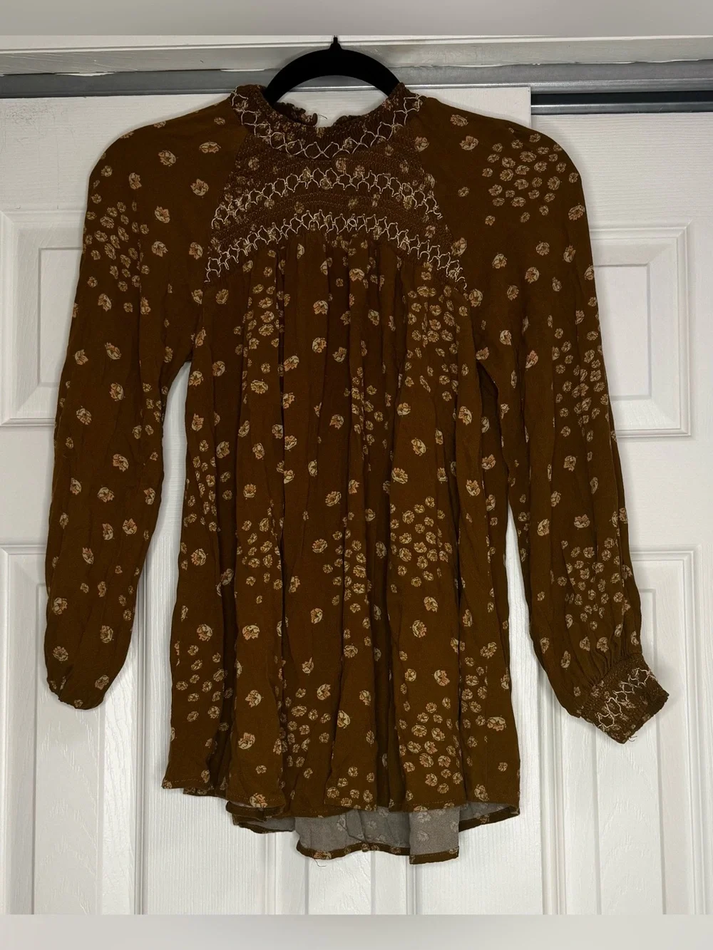 Free People Brown Floral Long Sleeve Tunic Blouse - Size XS